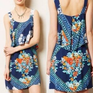 Maeve Anthropologie Tisana Navy Orange Floral Mini‎ Dress Ruffle Top size 2